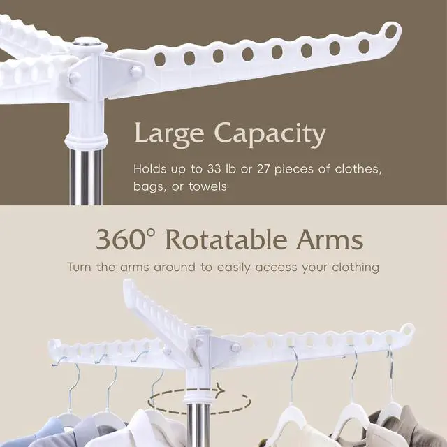 Alt view image 5 of 7 - Clothes Drying Rack, Foldable Laundry Drying Rack, Indoor 59-Inch Drying Rack Clothing with 3 Rotatable Arms, Stainless Steel, Holds 27 Pieces, Space Saving, Portable, White and Silver