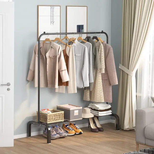 Alt view image 3 of 7 - Clothes Rack Metal Clothing Rack with Bottom Shelf Garment Rack for Hanging Clothes Shirts Jeans and Coats Black