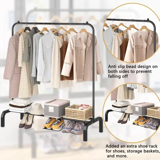 Alt view image 5 of 7 - Clothes Rack Metal Clothing Rack with Bottom Shelf Garment Rack for Hanging Clothes Shirts Jeans and Coats Black