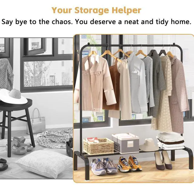 Alt view image 6 of 7 - Clothes Rack Metal Clothing Rack with Bottom Shelf Garment Rack for Hanging Clothes Shirts Jeans and Coats Black