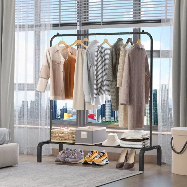 Alt view image 4 of 7 - Clothes Rack Metal Clothing Rack with Bottom Shelf Garment Rack for Hanging Clothes Shirts Jeans and Coats Black