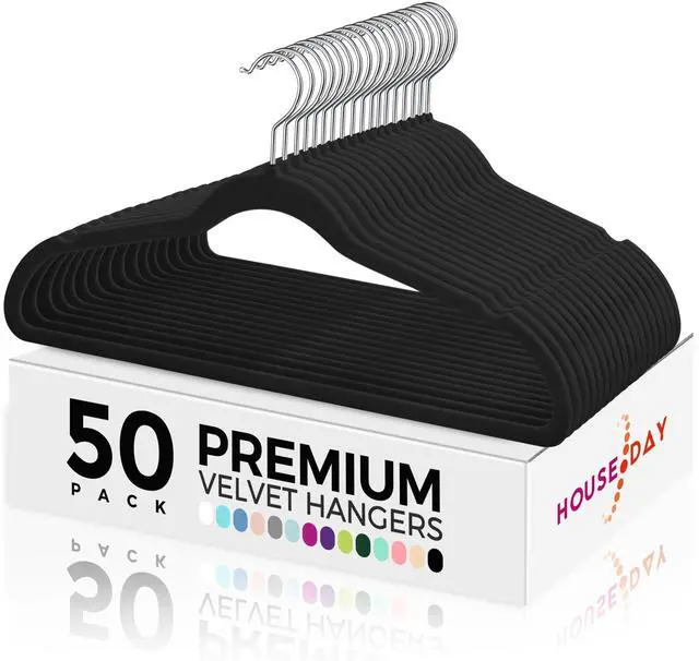 Main image of Premium Velvet Hangers 50 Pack Black, Non-Slip Flocked Felt Hangers, Sturdy Clothes Hangers with 360° Rotatable Hook, Heavy Duty Coat Hanger, Durable Slim Hanger for Closet Space Saving