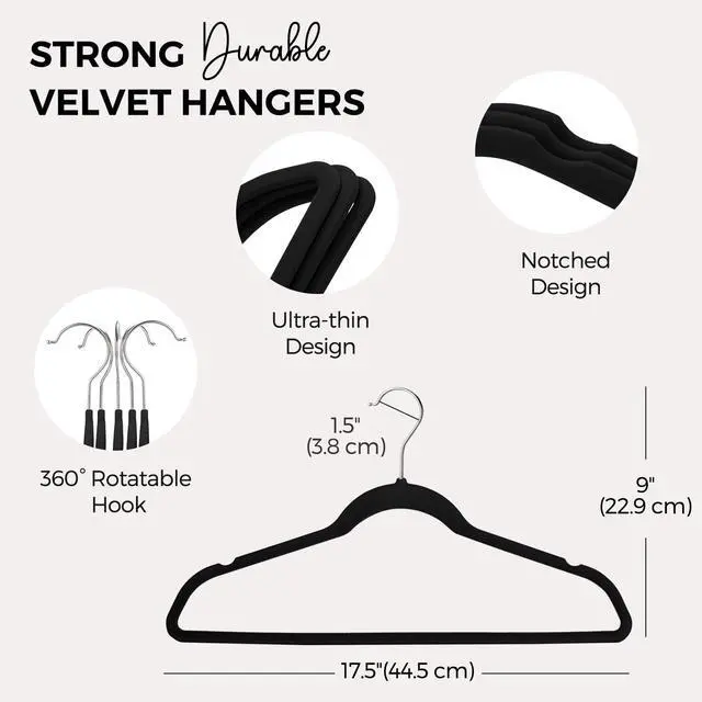 Alt view image 7 of 7 - Premium Velvet Hangers 50 Pack Black, Non-Slip Flocked Felt Hangers, Sturdy Clothes Hangers with 360° Rotatable Hook, Heavy Duty Coat Hanger, Durable Slim Hanger for Closet Space Saving