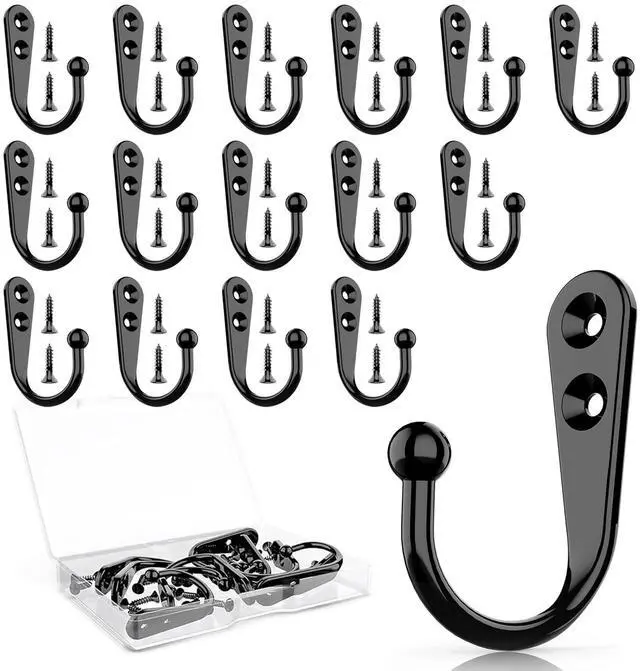 Main image of 15 Pcs Black Coat Hooks - Wall Hooks for Closet Hanging, Multi-Room Use (Bathroom/Bedroom/Kitchen), Holds Coats/Towels/Scarves/Hats/Keys/Cups, Includes 30 Screws
