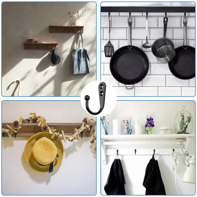 Alt view image 2 of 7 - 15 Pcs Black Coat Hooks - Wall Hooks for Closet Hanging, Multi-Room Use (Bathroom/Bedroom/Kitchen), Holds Coats/Towels/Scarves/Hats/Keys/Cups, Includes 30 Screws