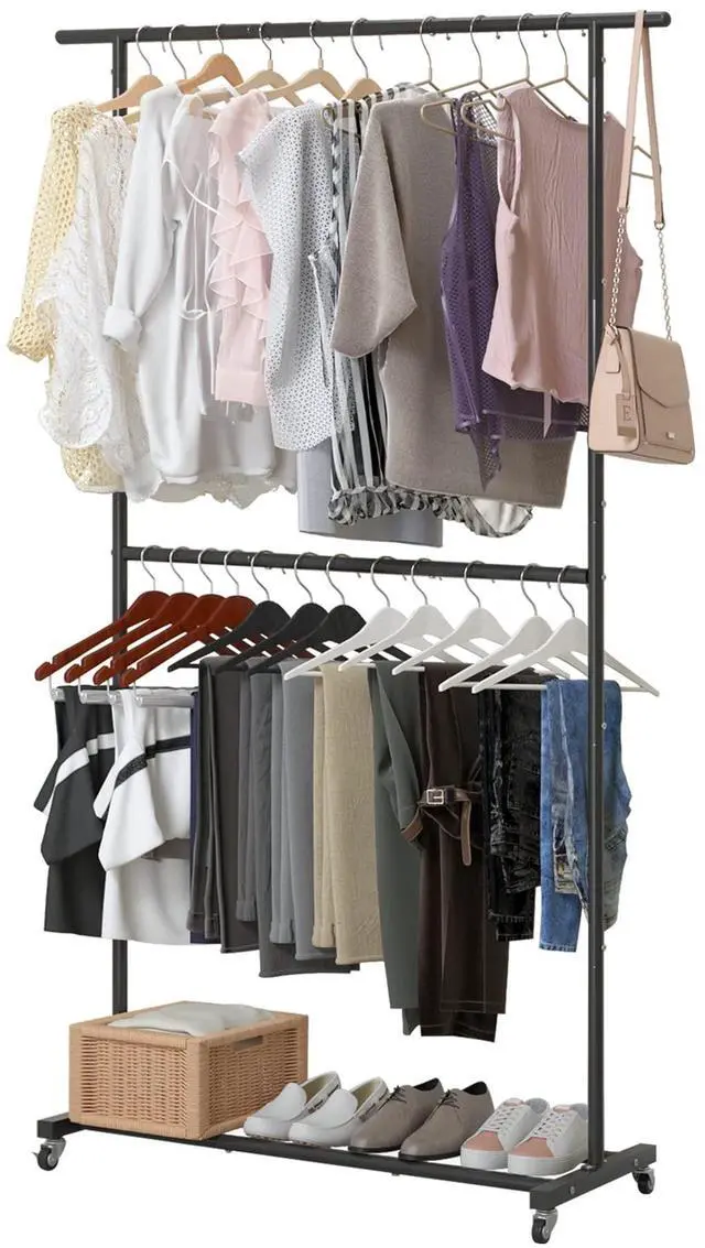 Main image of Double Rod Clothing Garment Rack, Rolling Clothes Organizer on Wheels for Hanging Clothes, Easy to Assemble, Adjustable, Black