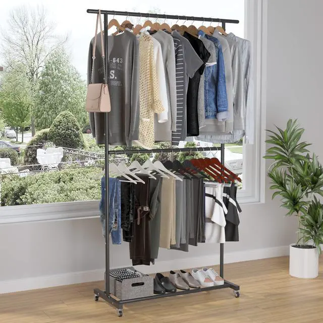 Alt view image 2 of 7 - Double Rod Clothing Garment Rack, Rolling Clothes Organizer on Wheels for Hanging Clothes, Easy to Assemble, Adjustable, Black