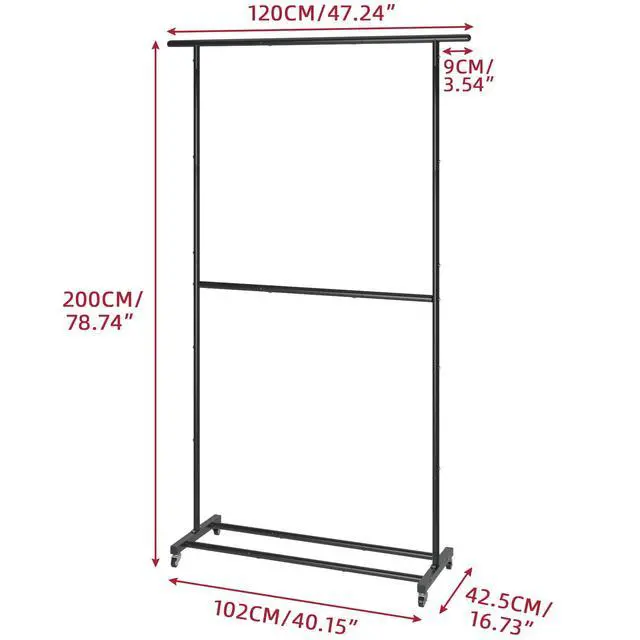 Alt view image 4 of 7 - Double Rod Clothing Garment Rack, Rolling Clothes Organizer on Wheels for Hanging Clothes, Easy to Assemble, Adjustable, Black