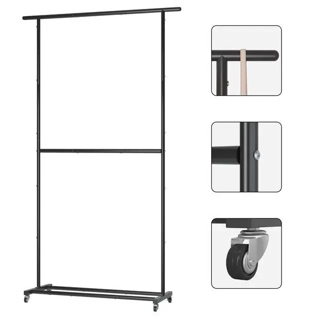 Alt view image 5 of 7 - Double Rod Clothing Garment Rack, Rolling Clothes Organizer on Wheels for Hanging Clothes, Easy to Assemble, Adjustable, Black