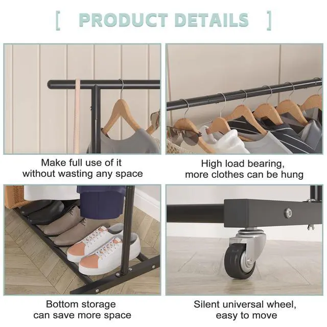 Alt view image 6 of 7 - Double Rod Clothing Garment Rack, Rolling Clothes Organizer on Wheels for Hanging Clothes, Easy to Assemble, Adjustable, Black