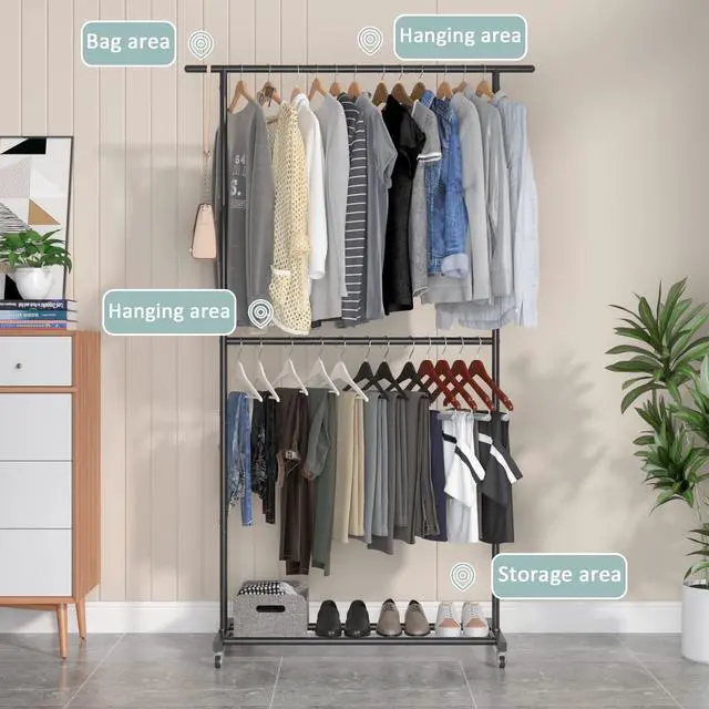 Alt view image 7 of 7 - Double Rod Clothing Garment Rack, Rolling Clothes Organizer on Wheels for Hanging Clothes, Easy to Assemble, Adjustable, Black