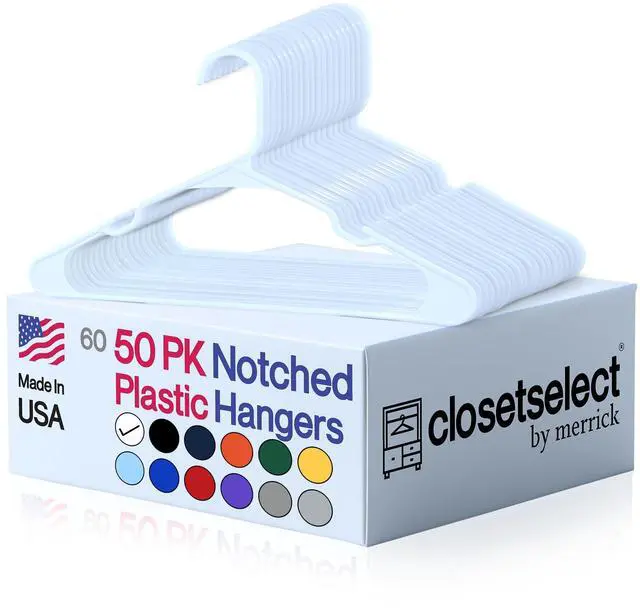 Main image of Plastic Hangers 50 Pack, Strong Space Saving Clothes Hanger, Made in USA, Perfect Shirt or Coat Plastic Hanger, with Shoulder Grooves, White, Notched