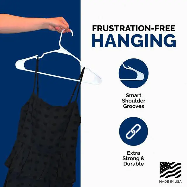 Alt view image 4 of 7 - Plastic Hangers 50 Pack, Strong Space Saving Clothes Hanger, Made in USA, Perfect Shirt or Coat Plastic Hanger, with Shoulder Grooves, White, Notched