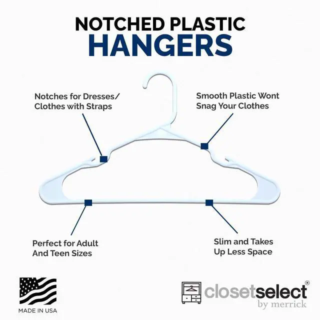 Alt view image 5 of 7 - Plastic Hangers 50 Pack, Strong Space Saving Clothes Hanger, Made in USA, Perfect Shirt or Coat Plastic Hanger, with Shoulder Grooves, White, Notched