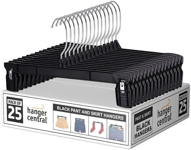 Main image of 25 Pack Heavy Duty Plastic Bottoms Hangers with Ridged Pinch Clips Pants Hangers, 12 Inch, Black