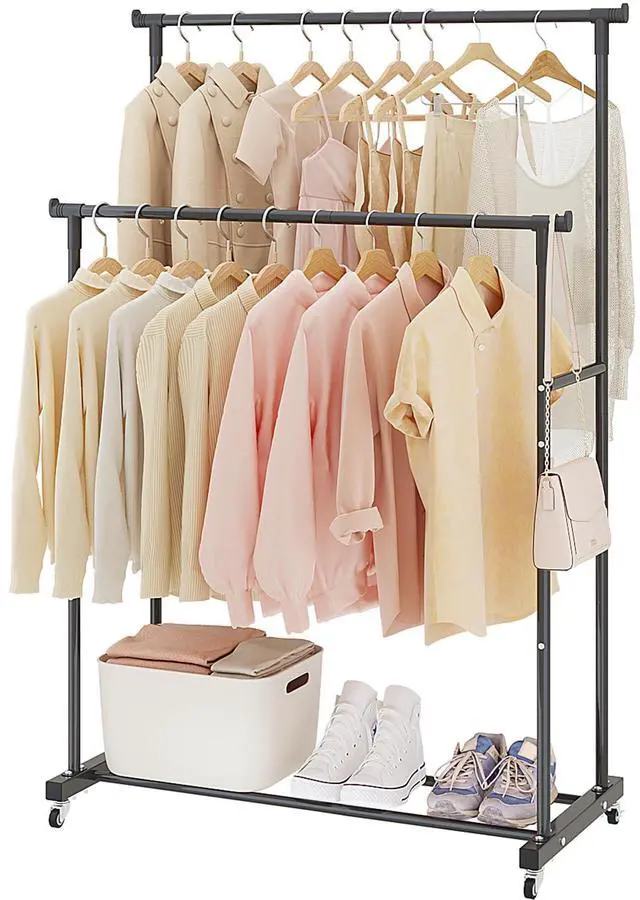Main image of Double Rods Clothes Garment Rack, Rolling Clothing Rack for Hanging Clothes, Coat Storage, Organizer for Bedroom, Livingroom, Apartments, Black