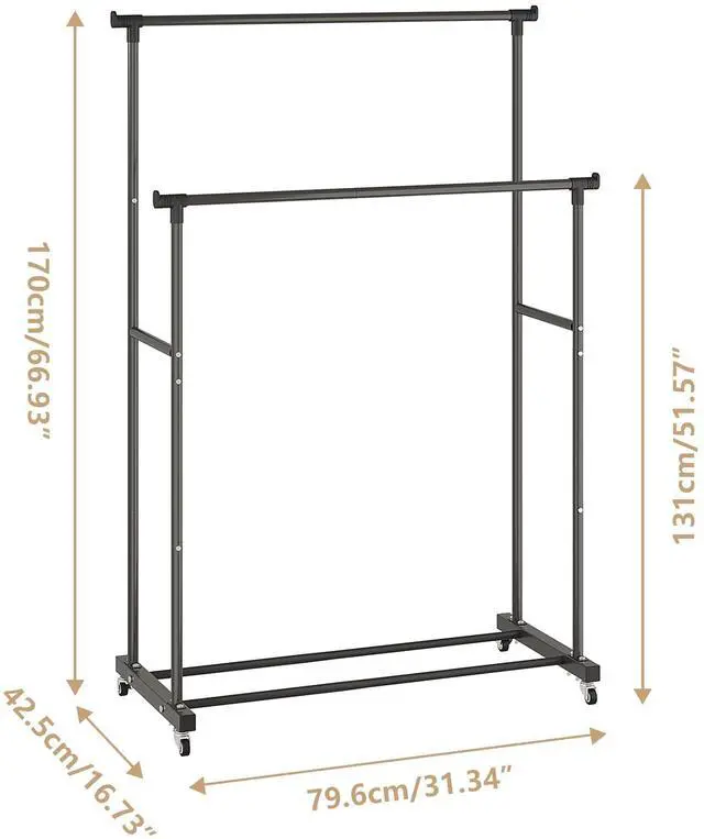 Alt view image 2 of 7 - Double Rods Clothes Garment Rack, Rolling Clothing Rack for Hanging Clothes, Coat Storage, Organizer for Bedroom, Livingroom, Apartments, Black