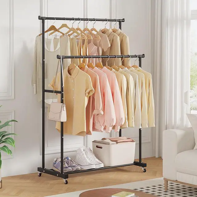 Alt view image 3 of 7 - Double Rods Clothes Garment Rack, Rolling Clothing Rack for Hanging Clothes, Coat Storage, Organizer for Bedroom, Livingroom, Apartments, Black