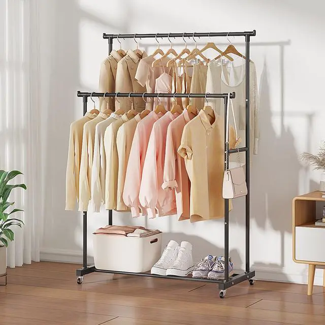 Alt view image 4 of 7 - Double Rods Clothes Garment Rack, Rolling Clothing Rack for Hanging Clothes, Coat Storage, Organizer for Bedroom, Livingroom, Apartments, Black
