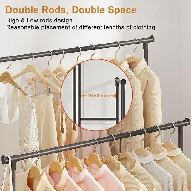 Alt view image 6 of 7 - Double Rods Clothes Garment Rack, Rolling Clothing Rack for Hanging Clothes, Coat Storage, Organizer for Bedroom, Livingroom, Apartments, Black