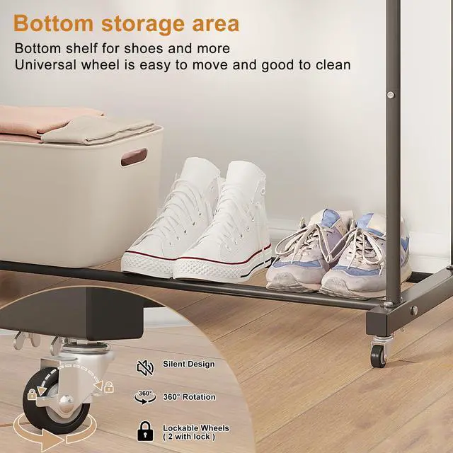Alt view image 7 of 7 - Double Rods Clothes Garment Rack, Rolling Clothing Rack for Hanging Clothes, Coat Storage, Organizer for Bedroom, Livingroom, Apartments, Black