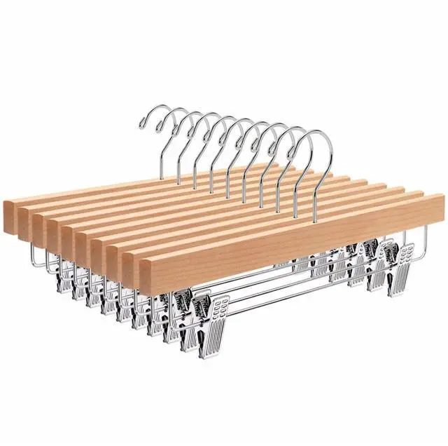 Main image of 10 Pack Wooden Pants Hangers with Clips, 14" Natural Wood Skirt & Trouser Hangers, Closet Hangers for Jeans, Slacks, Shorts, with 2-Adjustable Clips (Natural, 10)