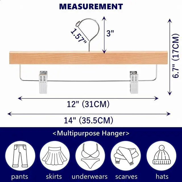 Alt view image 2 of 6 - 10 Pack Wooden Pants Hangers with Clips, 14" Natural Wood Skirt & Trouser Hangers, Closet Hangers for Jeans, Slacks, Shorts, with 2-Adjustable Clips (Natural, 10)