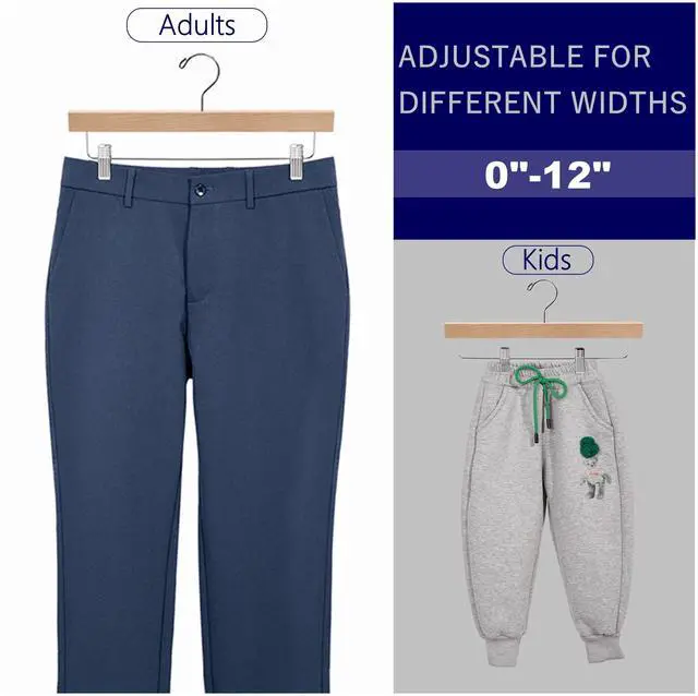 Alt view image 3 of 6 - 10 Pack Wooden Pants Hangers with Clips, 14" Natural Wood Skirt & Trouser Hangers, Closet Hangers for Jeans, Slacks, Shorts, with 2-Adjustable Clips (Natural, 10)