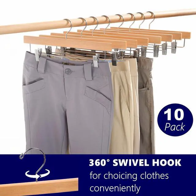 Alt view image 4 of 6 - 10 Pack Wooden Pants Hangers with Clips, 14" Natural Wood Skirt & Trouser Hangers, Closet Hangers for Jeans, Slacks, Shorts, with 2-Adjustable Clips (Natural, 10)