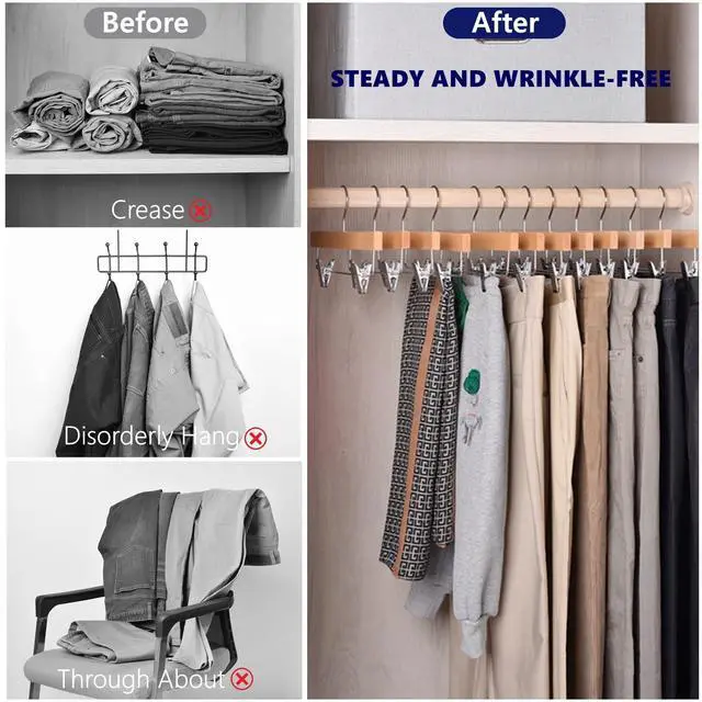 Alt view image 5 of 6 - 10 Pack Wooden Pants Hangers with Clips, 14" Natural Wood Skirt & Trouser Hangers, Closet Hangers for Jeans, Slacks, Shorts, with 2-Adjustable Clips (Natural, 10)