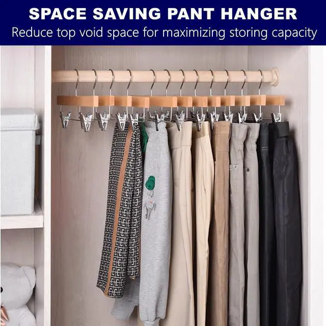 Alt view image 6 of 6 - 10 Pack Wooden Pants Hangers with Clips, 14" Natural Wood Skirt & Trouser Hangers, Closet Hangers for Jeans, Slacks, Shorts, with 2-Adjustable Clips (Natural, 10)