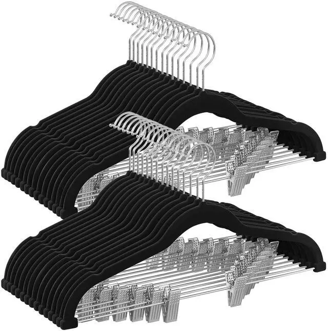 Main image of 30 Pack Pants Hangers, 16.7 Inches Long Velvet Trousers Hangers with Adjustable Clips, Heavy-Duty, Non-Slip, Space-Saving for Pants, Skirts, Coats, Dresses, Tank Tops, Black UCRF12B30