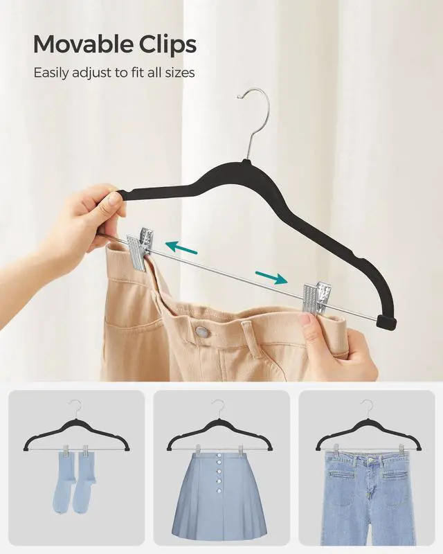 Alt view image 3 of 7 - 30 Pack Pants Hangers, 16.7 Inches Long Velvet Trousers Hangers with Adjustable Clips, Heavy-Duty, Non-Slip, Space-Saving for Pants, Skirts, Coats, Dresses, Tank Tops, Black UCRF12B30