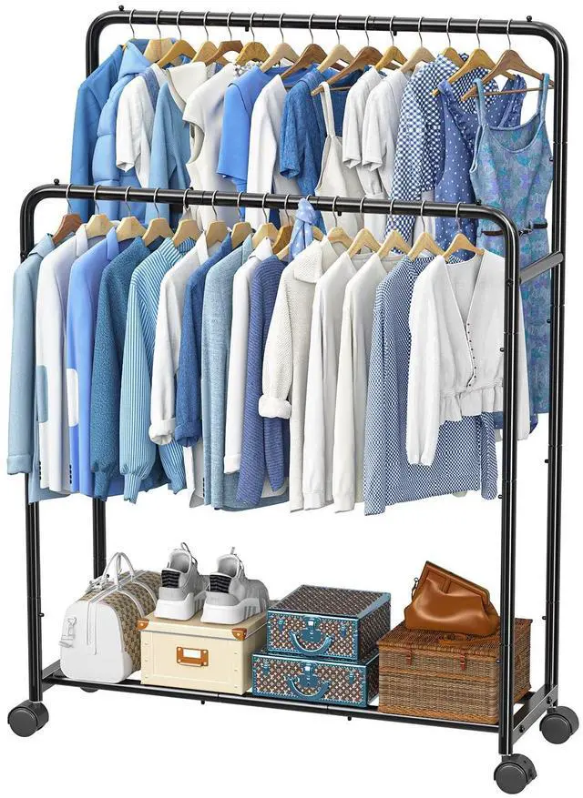 Main image of Clothing Clothes Rack Double Rods with Wheels, Rolling Metal Garment Rack for Hanging, Black