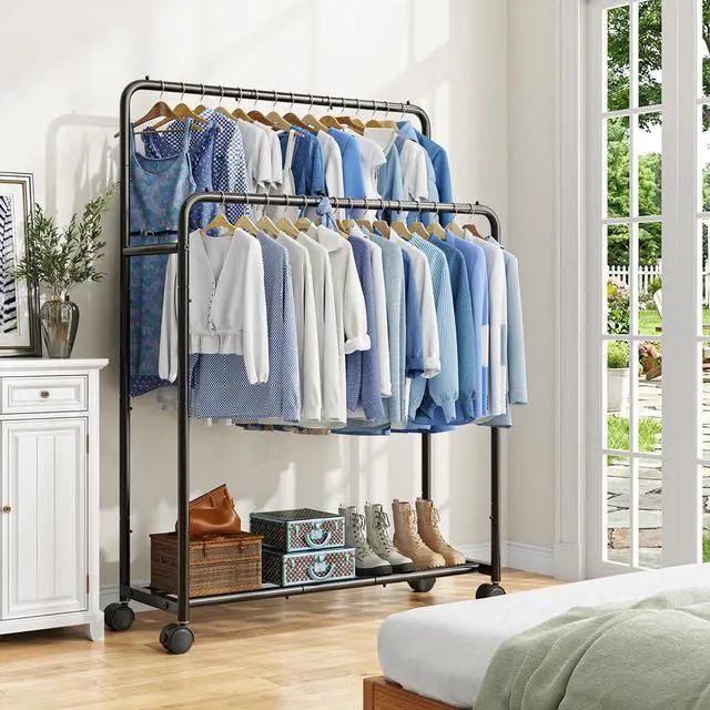 Alt view image 2 of 7 - Clothing Clothes Rack Double Rods with Wheels, Rolling Metal Garment Rack for Hanging, Black