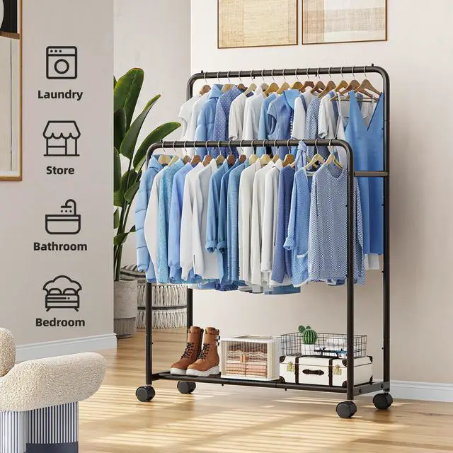 Alt view image 3 of 7 - Clothing Clothes Rack Double Rods with Wheels, Rolling Metal Garment Rack for Hanging, Black