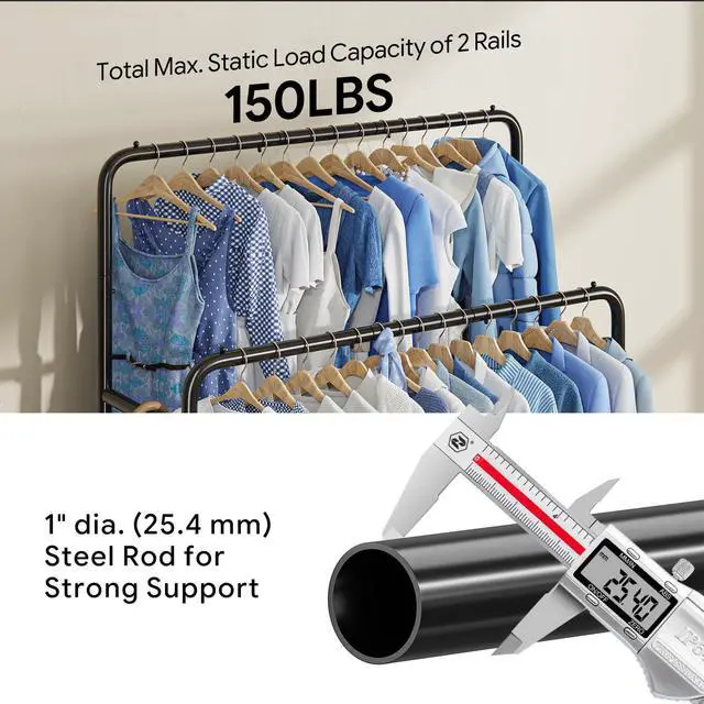 Alt view image 5 of 7 - Clothing Clothes Rack Double Rods with Wheels, Rolling Metal Garment Rack for Hanging, Black