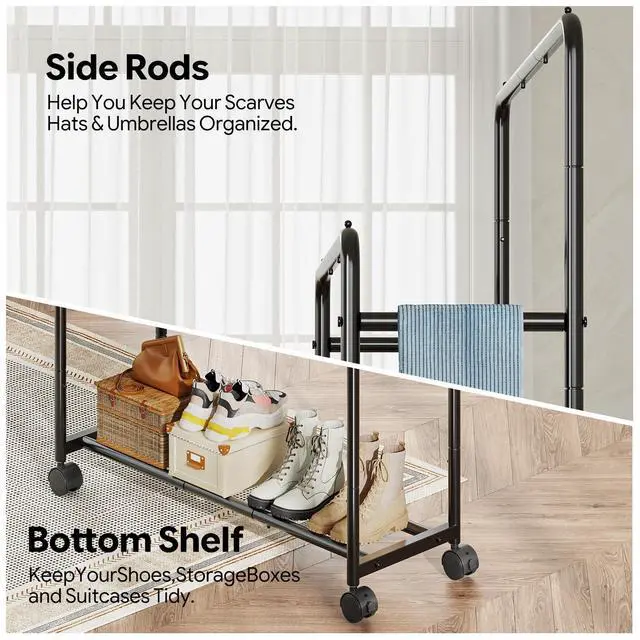 Alt view image 4 of 7 - Clothing Clothes Rack Double Rods with Wheels, Rolling Metal Garment Rack for Hanging, Black