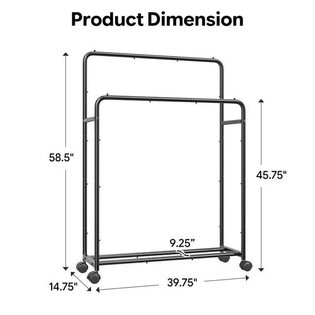 Alt view image 6 of 7 - Clothing Clothes Rack Double Rods with Wheels, Rolling Metal Garment Rack for Hanging, Black