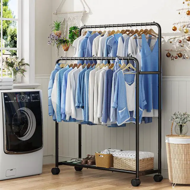 Alt view image 7 of 7 - Clothing Clothes Rack Double Rods with Wheels, Rolling Metal Garment Rack for Hanging, Black
