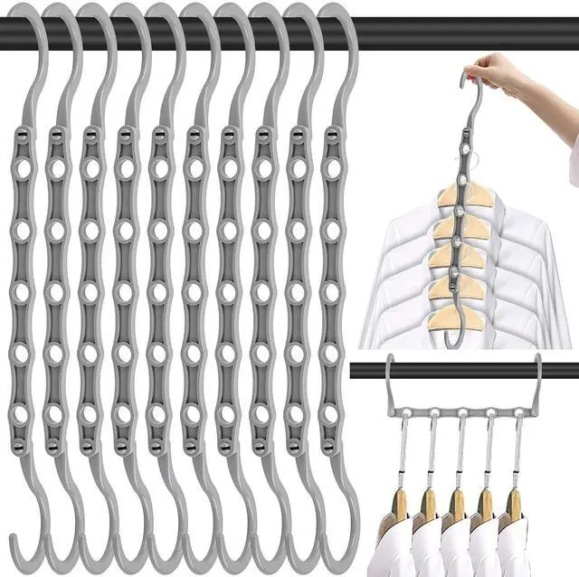 Main image of Space Saving Hangers 10 Pack, Heavy Duty Magic Cascading Hanger Organizer with 5 Enclosed Anti-Slip Holes, Closet Organizers and Storage for Clothes, College Dorm Room Essentials, Gray