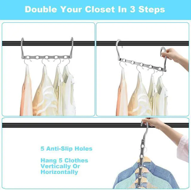 Alt view image 4 of 7 - Space Saving Hangers 10 Pack, Heavy Duty Magic Cascading Hanger Organizer with 5 Enclosed Anti-Slip Holes, Closet Organizers and Storage for Clothes, College Dorm Room Essentials, Gray