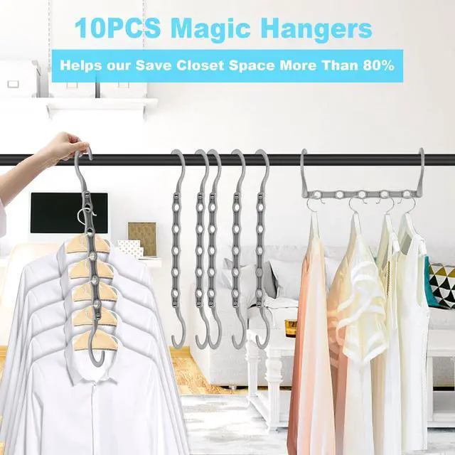 Alt view image 3 of 7 - Space Saving Hangers 10 Pack, Heavy Duty Magic Cascading Hanger Organizer with 5 Enclosed Anti-Slip Holes, Closet Organizers and Storage for Clothes, College Dorm Room Essentials, Gray
