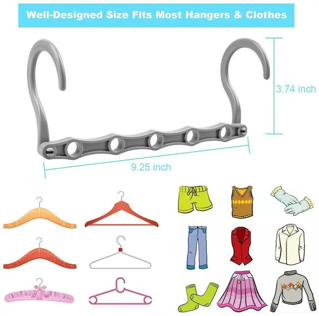 Alt view image 6 of 7 - Space Saving Hangers 10 Pack, Heavy Duty Magic Cascading Hanger Organizer with 5 Enclosed Anti-Slip Holes, Closet Organizers and Storage for Clothes, College Dorm Room Essentials, Gray