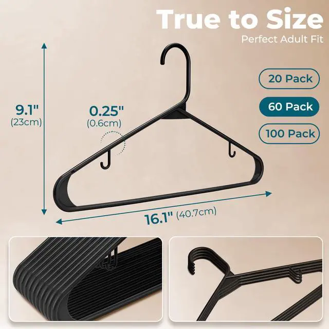 Alt view image 2 of 7 - Black Plastic Hangers 60 Pack, Clothes Hangers with Non Slip Hooks, Durable & Space Saving Coat Hanger, Light-Weight Clothing Hanger, Perfect Closet Organizer for Everyday Use