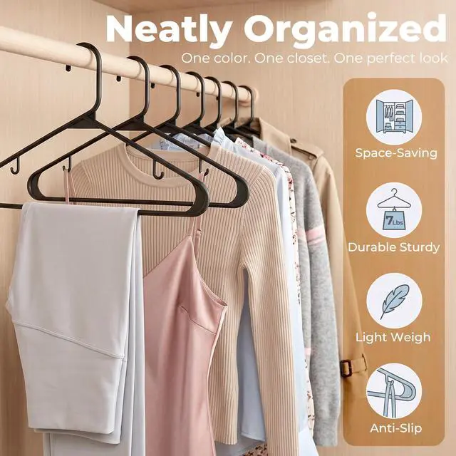 Alt view image 3 of 7 - Black Plastic Hangers 60 Pack, Clothes Hangers with Non Slip Hooks, Durable & Space Saving Coat Hanger, Light-Weight Clothing Hanger, Perfect Closet Organizer for Everyday Use