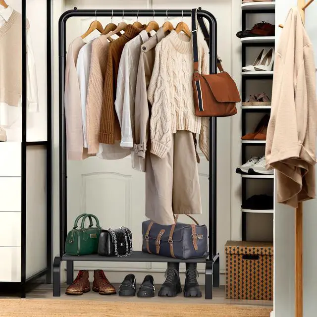 Alt view image 4 of 7 - 30 Inch Narrow Freestanding Garment Rack with Storage Shelf Slim & Space-Saving Closet Organizer, Black