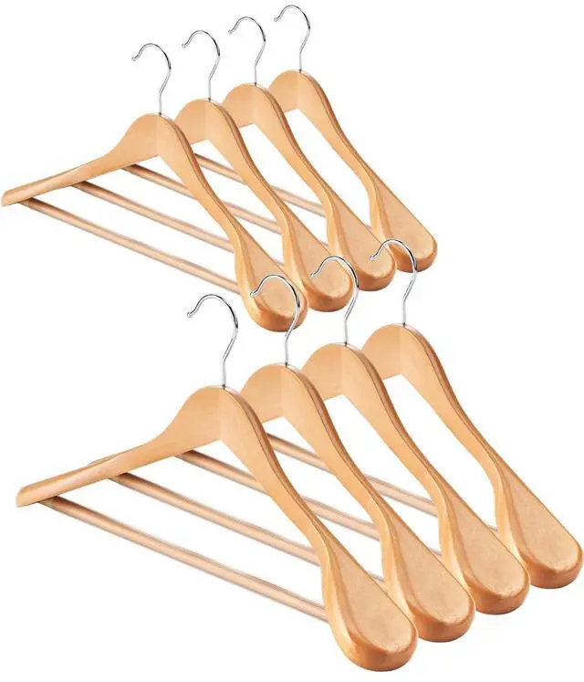 Main image of Wide Shoulder Wooden Hangers 8 Pack Coat Hanger with Non Slip Pants Bar, Heavy Duty Suit Hanger Wood Clothes Hangers with Smooth Finish 360° Swivel Hook for Sweater Jackets Shirts Natural