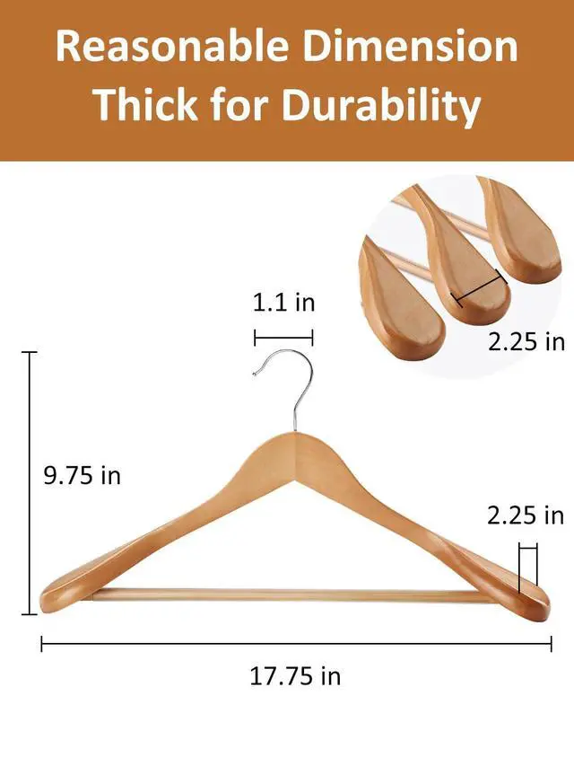 Alt view image 2 of 7 - Wide Shoulder Wooden Hangers 8 Pack Coat Hanger with Non Slip Pants Bar, Heavy Duty Suit Hanger Wood Clothes Hangers with Smooth Finish 360° Swivel Hook for Sweater Jackets Shirts Natural