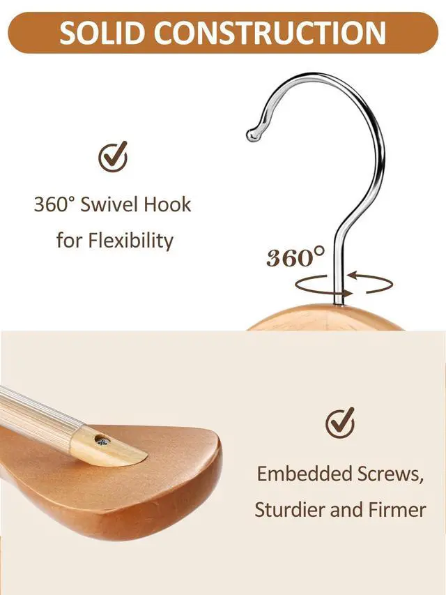 Alt view image 3 of 7 - Wide Shoulder Wooden Hangers 8 Pack Coat Hanger with Non Slip Pants Bar, Heavy Duty Suit Hanger Wood Clothes Hangers with Smooth Finish 360° Swivel Hook for Sweater Jackets Shirts Natural